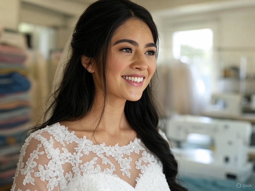 A stunning, slender bride in an elegant wedding gown poses inside a cozy tailor’s boutique with mannequins and thread spools in the background