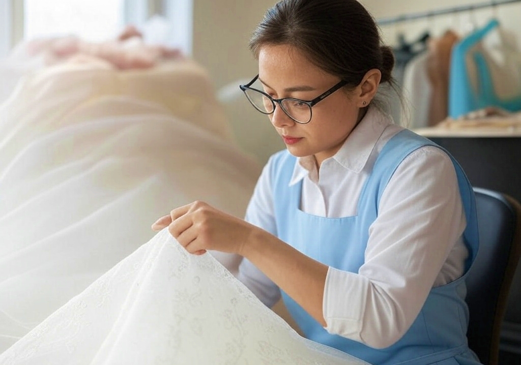 A woman in a blue work apron carefully adjusts the hem of a white wedding dress on a mannequin in a well-lit sewing room.