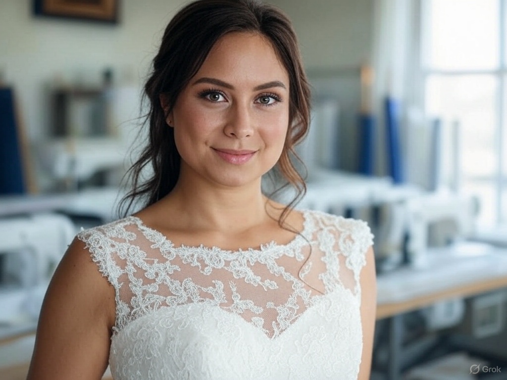 A gorgeous, thin woman in a bridal dress is seen in a seamstress’s store, with sewing machines and rolls of white fabric nearby