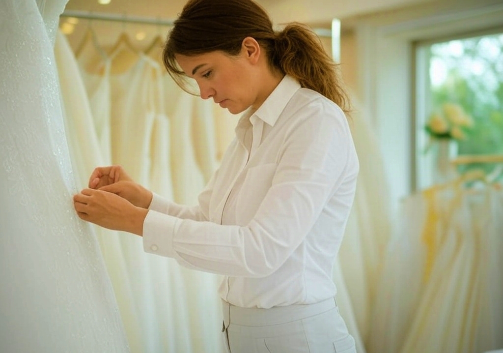 A woman wearing a gray jumpsuit uses a sewing machine to repair the lace sleeve of a wedding dress, surrounded by fabric scraps