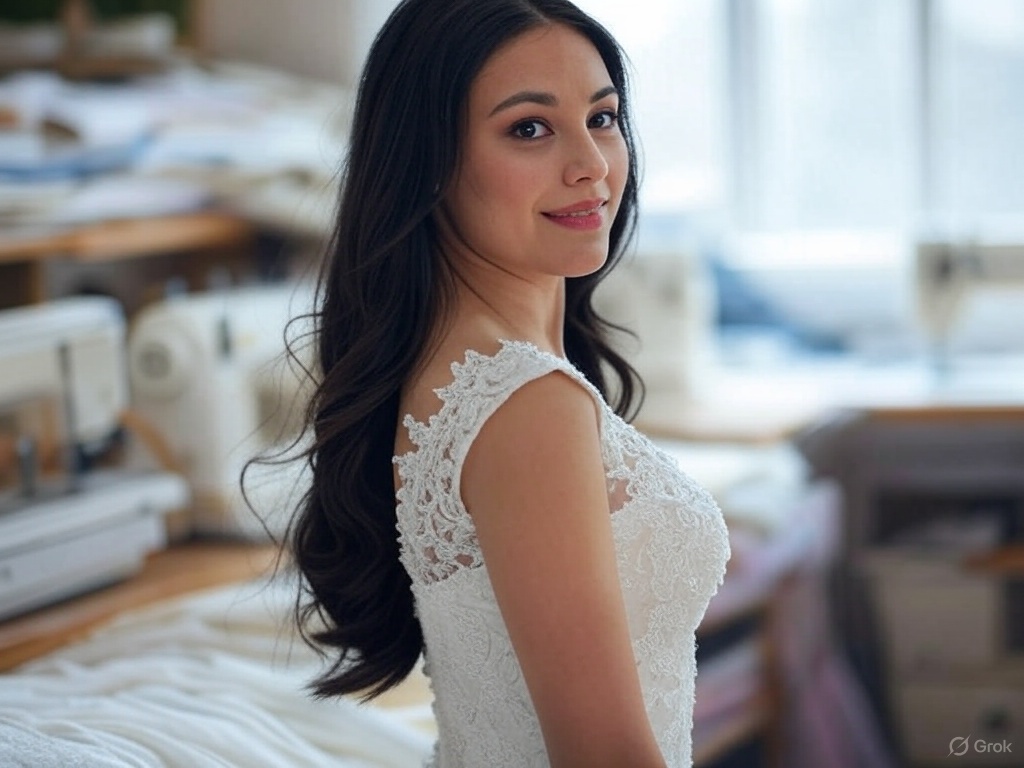 A lovely, slim bride dressed in a wedding gown stands confidently in a dressmaker’s shop, featuring a workbench and colorful threads.