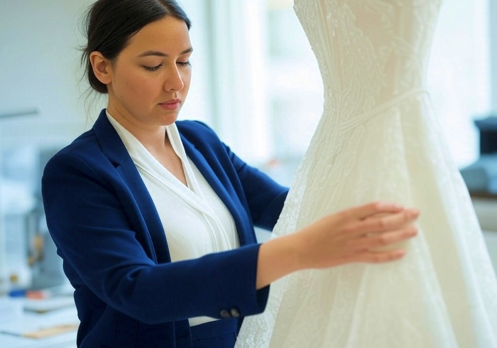 A woman in denim overalls kneels on the floor, pinning the train of a wedding dress with a focused expression