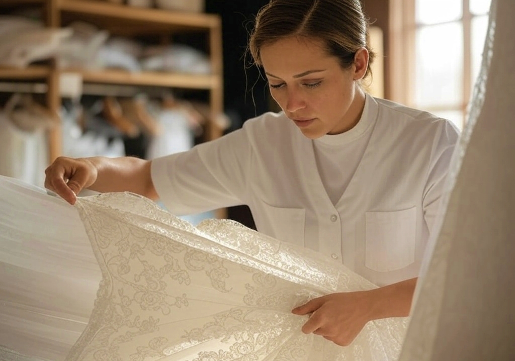 A woman in a green work shirt hand-stitches pearls onto the bodice of a wedding dress, with sewing tools scattered on the table nearby