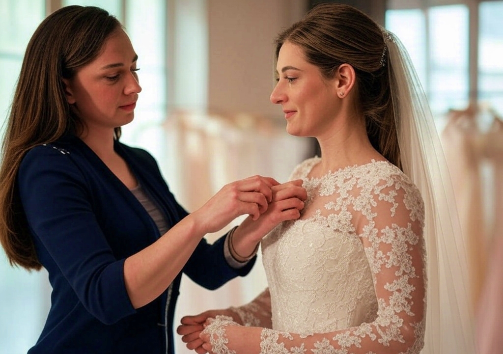 A woman in practical work clothes carefully adjusts the hem of a white wedding dress worn by an elegant and beautiful bride standing on a small platform