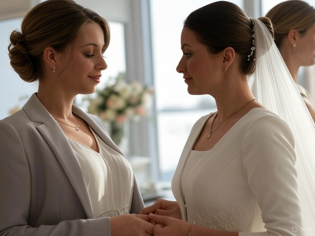 Woman in gray work clothes hemming a white wedding dress worn by a beautiful, elegant woman with her hair in an updo, standing in a bright workshop