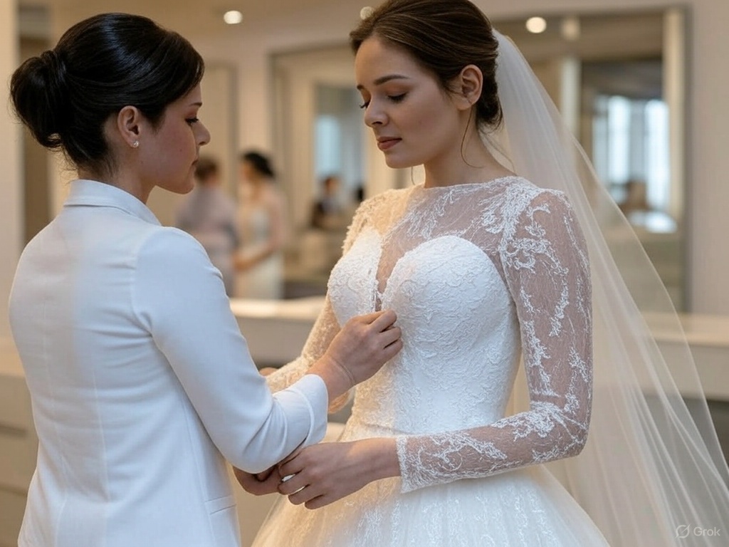 Seamstress in a blue apron sewing details onto the waist of a lace wedding dress, modeled by a gorgeous woman on a platform with mirrors in the background