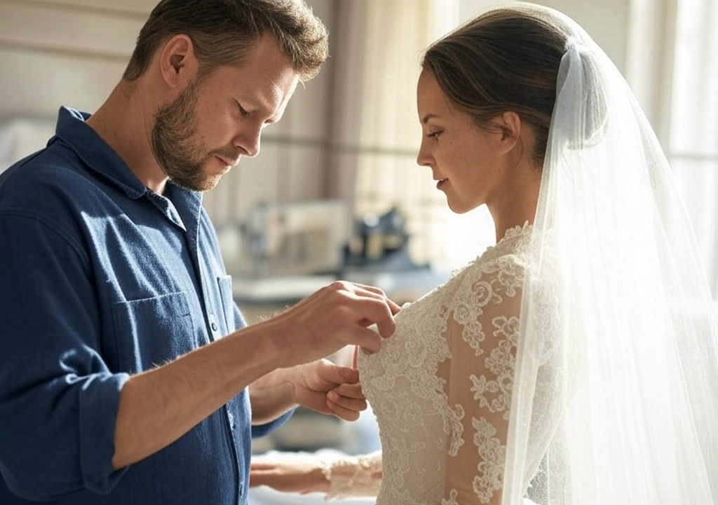 A man dressed in work clothes, wearing a blue shirt and gray pants, carefully adjusts the hem of a white wedding dress while a beautiful and elegant woman wears it, standing in a well-lit workshop