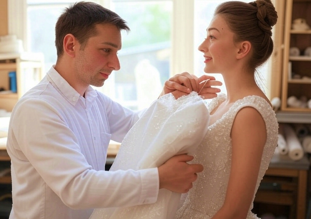 In a detailed scene, a man in work clothes, including a brown overall, hand-stitches a delicate wedding dress worn by an elegant woman with her hair up, both in a cozy setting with fabrics in the background