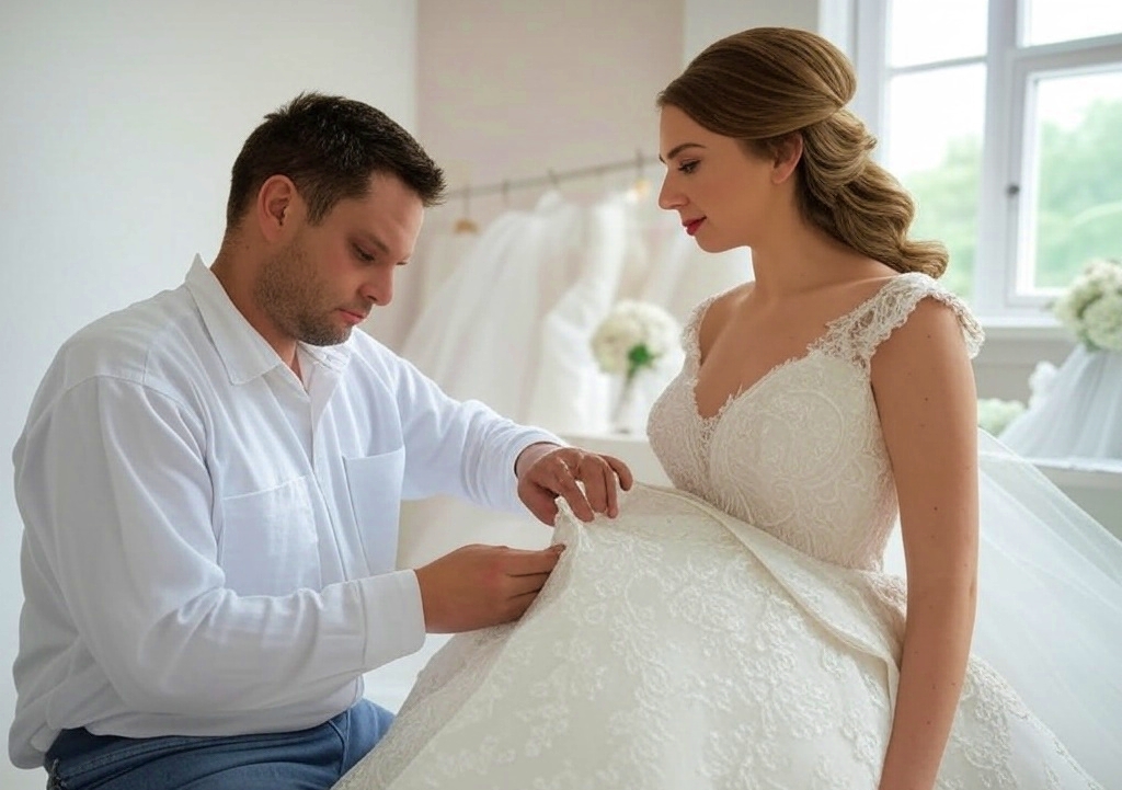 A beautiful and elegant woman in a white wedding dress poses while a man in work clothes, holding tools, repairs a detail on the dress in a bright space filled with sewing materials.