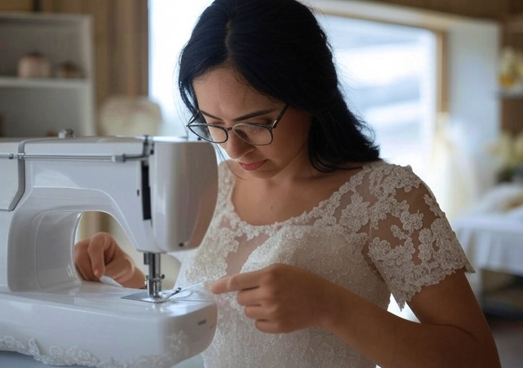  woman sits at a sewing machine, carefully adjusting a white wedding dress in a brightly lit bridal alteration shop, with fabric and tools scattered on the table around her