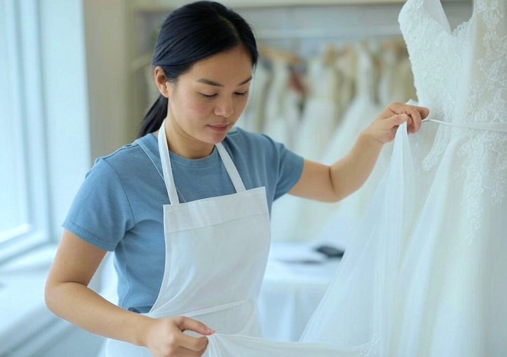 A woman works at a sewing machine, stitching a white wedding dress in a tidy bridal alteration shop, surrounded by shelves of thread and a mannequin in the background.