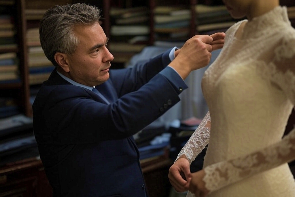 A man in a tailor shop carefully adjusts the train of a white wedding dress displayed on a mannequin, surrounded by sewing tools and fabric rolls