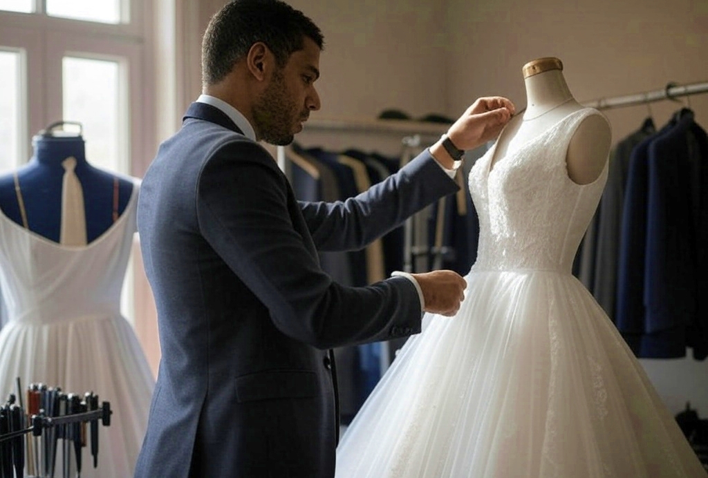 A man in a well-lit tailor shop pins the bodice of a wedding dress on a dress form, with shelves of thread and a measuring tape visible in the background.