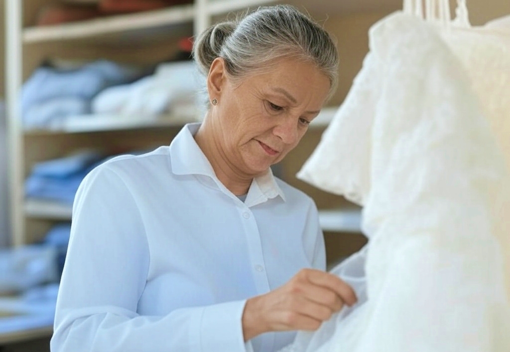 An older woman in work clothes sits at a sewing machine, stitching a white wedding dress with lace details, in a cluttered workshop filled with fabric and tools