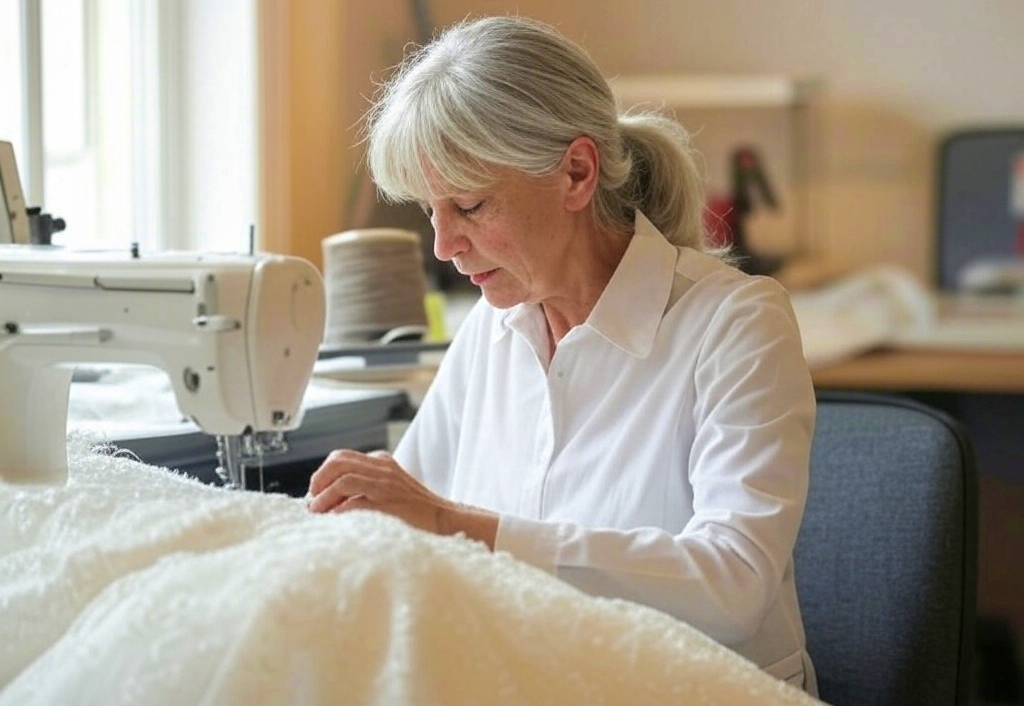 An older woman wearing practical work attire hand-sews a wedding dress bodice, focused on her task, with a table of thread spools and scissors nearby