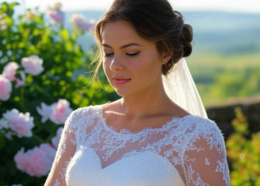 A woman stands gracefully in a flowing white wedding dress with intricate lace details, her veil cascading down her back, against a soft, neutral background