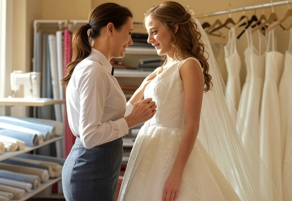 Inside a clothing alteration shop, a woman in a work apron pins the bodice of a wedding dress on a beautiful girl, surrounded by sewing machines and fabric rolls