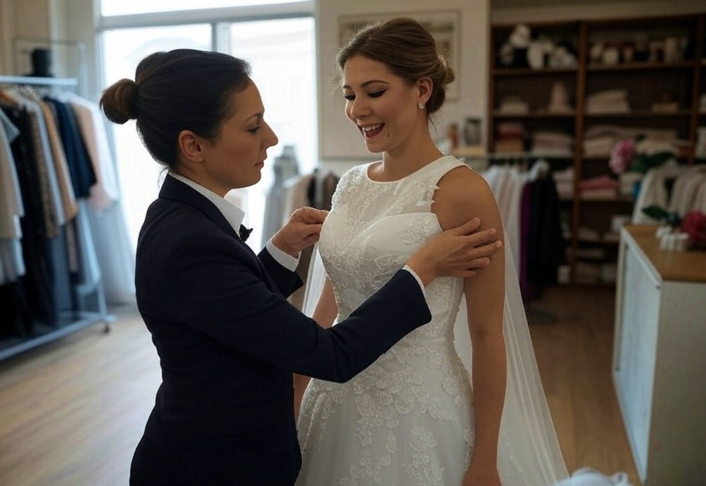 A pretty girl in a flowing wedding dress stands still as a woman in practical work attire measures her waist in a brightly lit clothing alteration shop