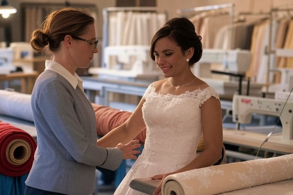 In a cozy clothing alteration shop, a woman in a work apron pins a wedding dress on a beautiful girl posing confidently