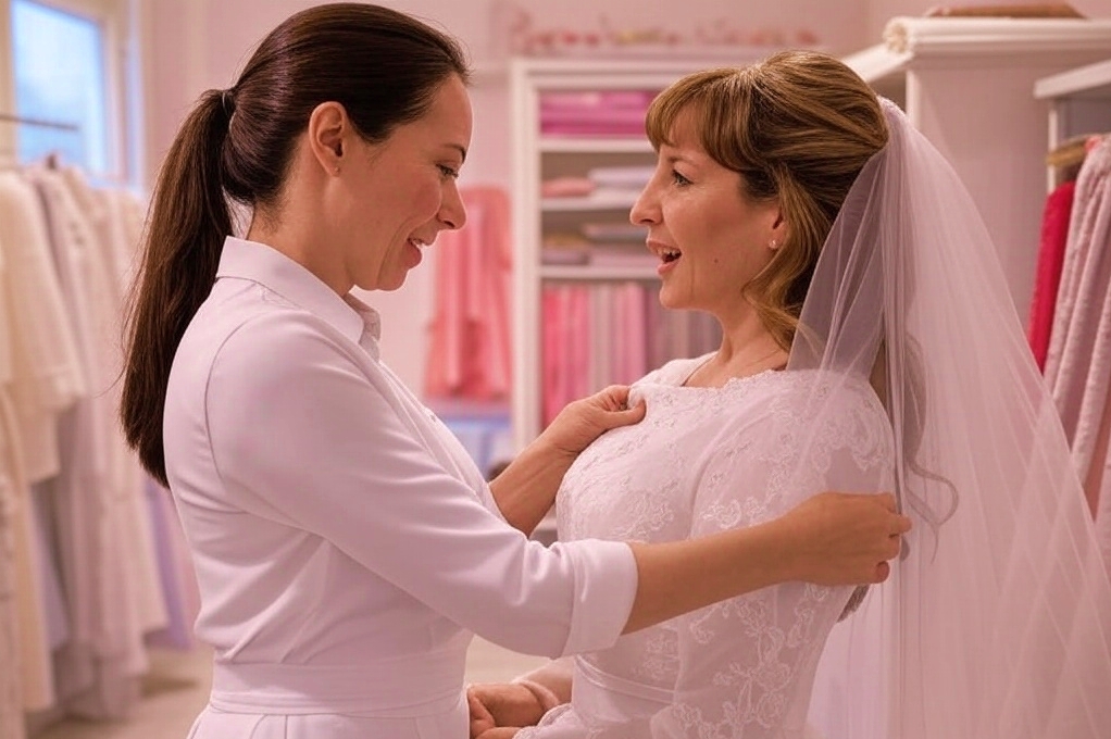 Inside a tailoring shop, a woman in practical work clothes sews a wedding dress worn by a lovely girl, with mannequins in the background