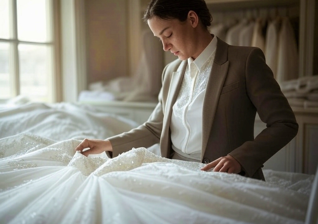 A woman in work clothes is kneeling on the floor, carefully adding a bustle to a white wedding dress draped over a mannequin in a well-lit sewing studio
