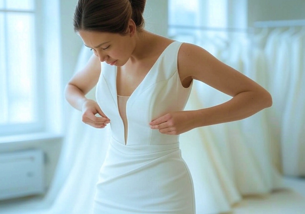 woman wearing work clothes is making bodice adjustments on a wedding dress, carefully pinning fabric on a mannequin in a well-lit workspace