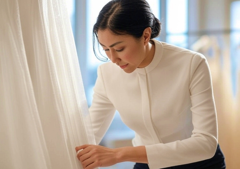 A woman in work clothes is kneeling and making hem adjustments on a white wedding dress with a long train, surrounded by sewing tools in a well-lit room.