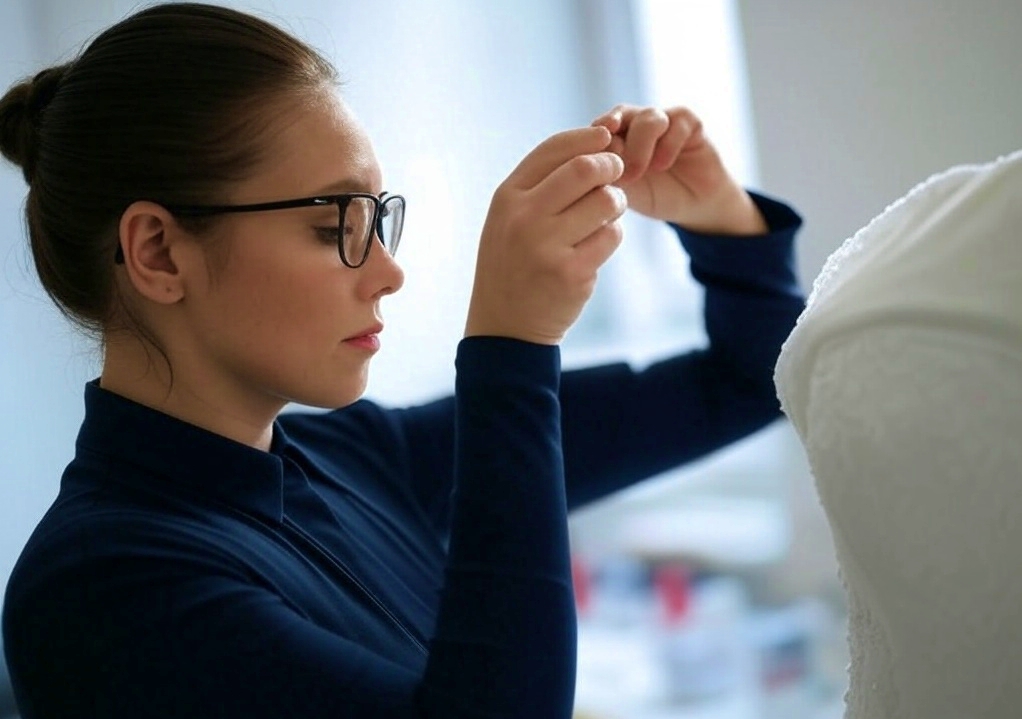 A woman in work clothes adjusts the neckline of a white wedding dress on a mannequin in a sewing studio