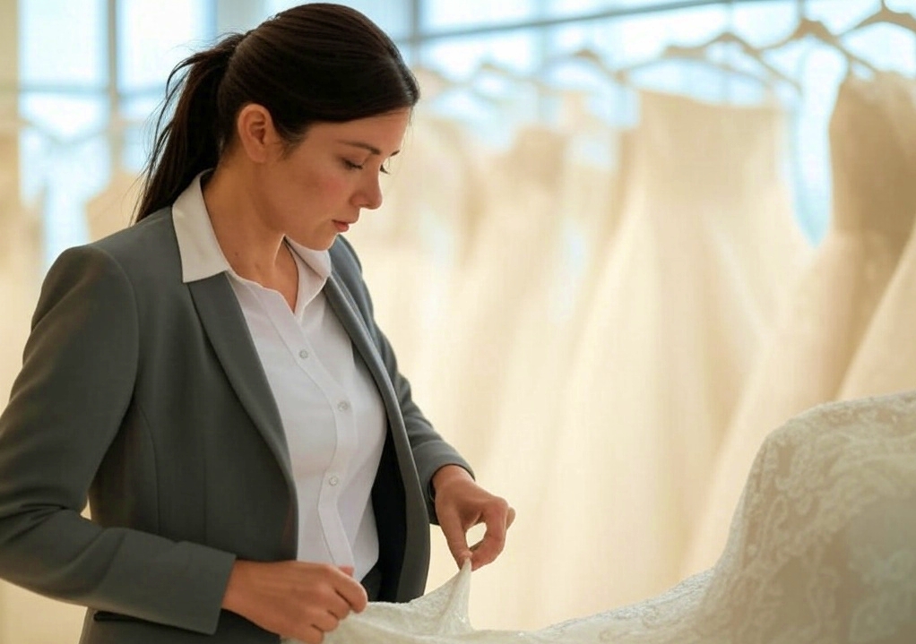 A woman in work clothes is adjusting the waist of a white wedding dress on a mannequin in a well-lit workspace