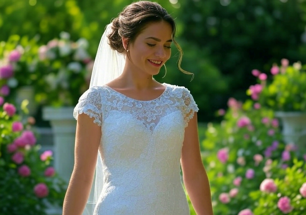 A beautiful woman dressed in an elegant white bridal gown walks gracefully towards the altar in a warmly lit church, with soft light filtering through stained glass windows in the background